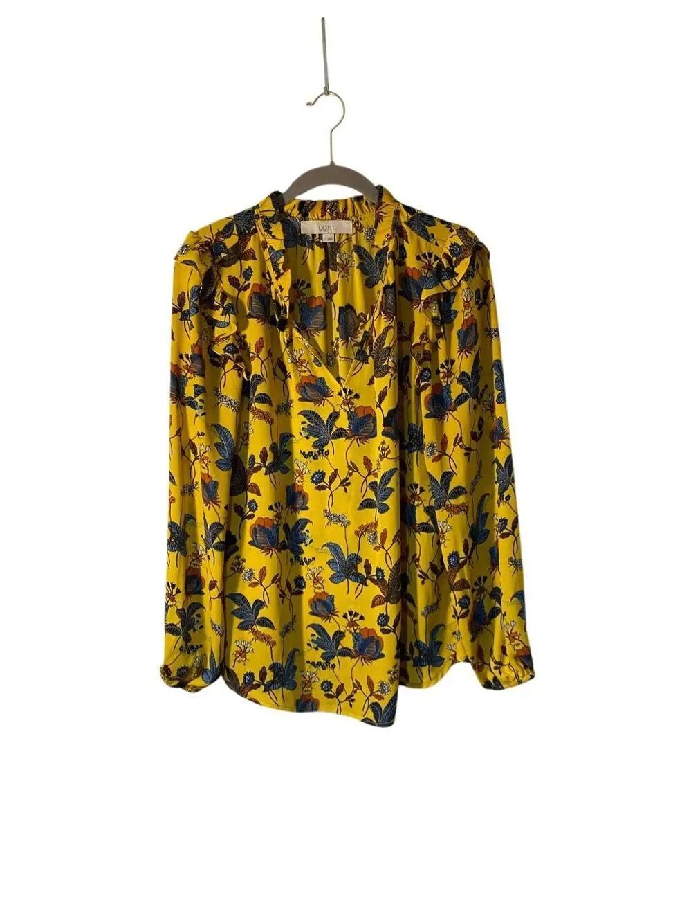 Loft women’s mustard, yellow floral, print, long sleeve blouse S